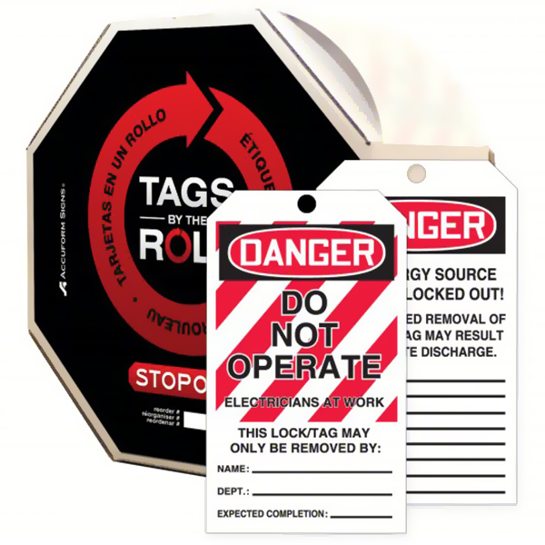 Accuform® TAR114 Tags By-The-Roll™ Danger Tag, 6-1/4 in H x 3 in W, Black/Red on White, 3/8 in Hole, Cardstock
