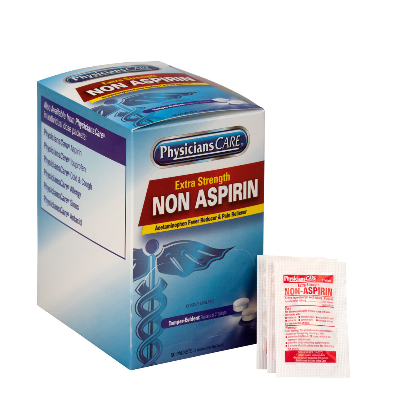 PhysiciansCare® Extra-Strength Non-Asprin Tablets 500mg (Acetaminophen), 50 Packets of Two Tablets