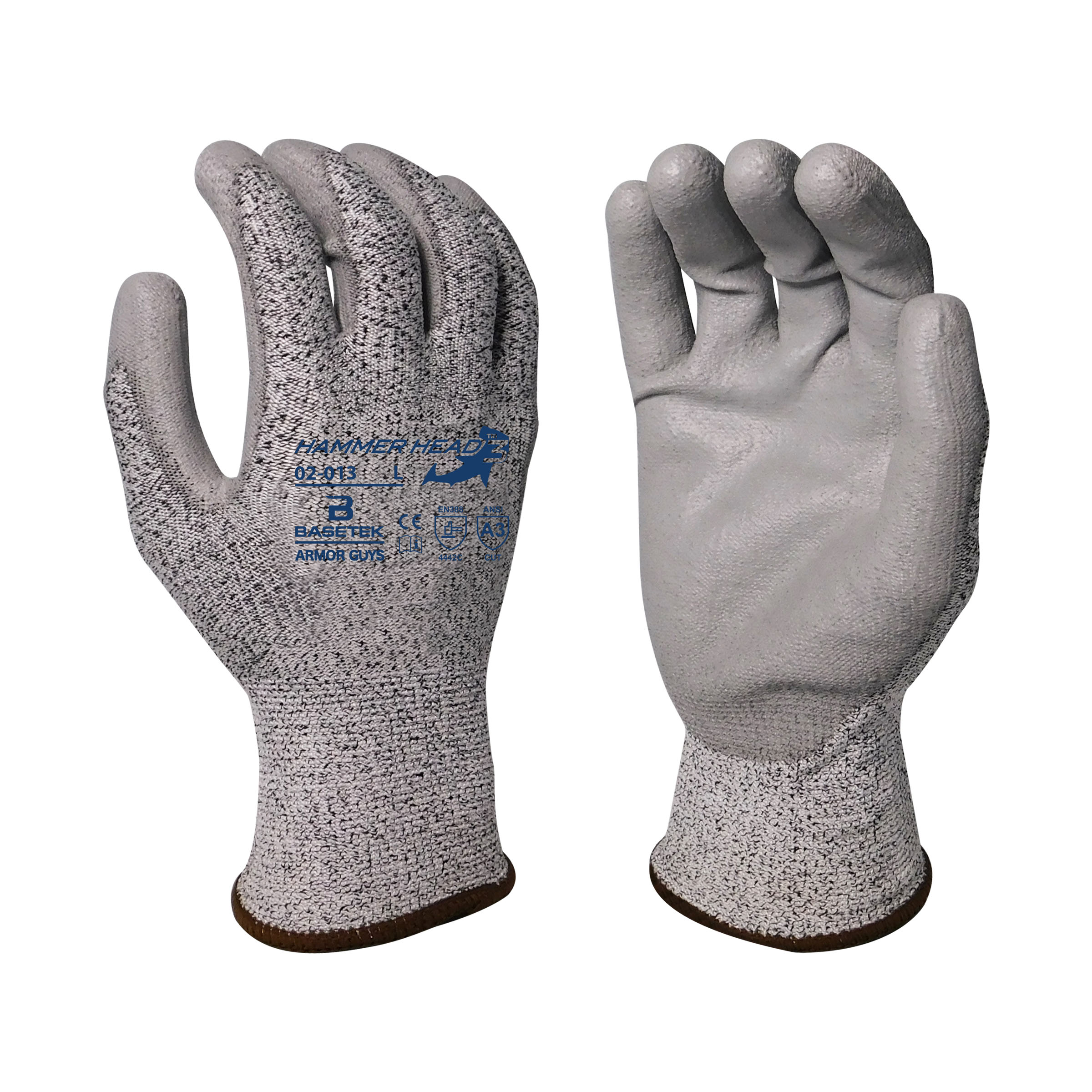 Armor Guys 02-013 HAMMER HEAD 3™  Unisex Cut Resistant Gloves, Polyurethane Coating, Basetek®/Polyurethane, Continuous Knit Wrist Cuff, Resists: Abrasion, Cut, Puncture and Tear, ANSI Cut-Resistance Level: A3