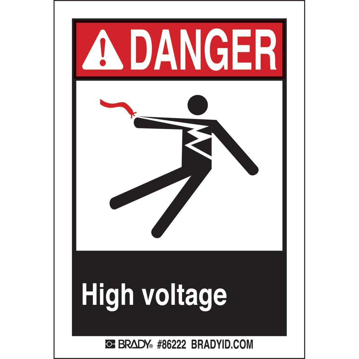 Brady® 86222 Laminated Non-Reflective Rectangular Self-Adhesive Safety Label, 5 in W, DANGER HIGH VOLTAGE Legend, Black/Red on White, B-302 Polyester, 5 per Pack Labels