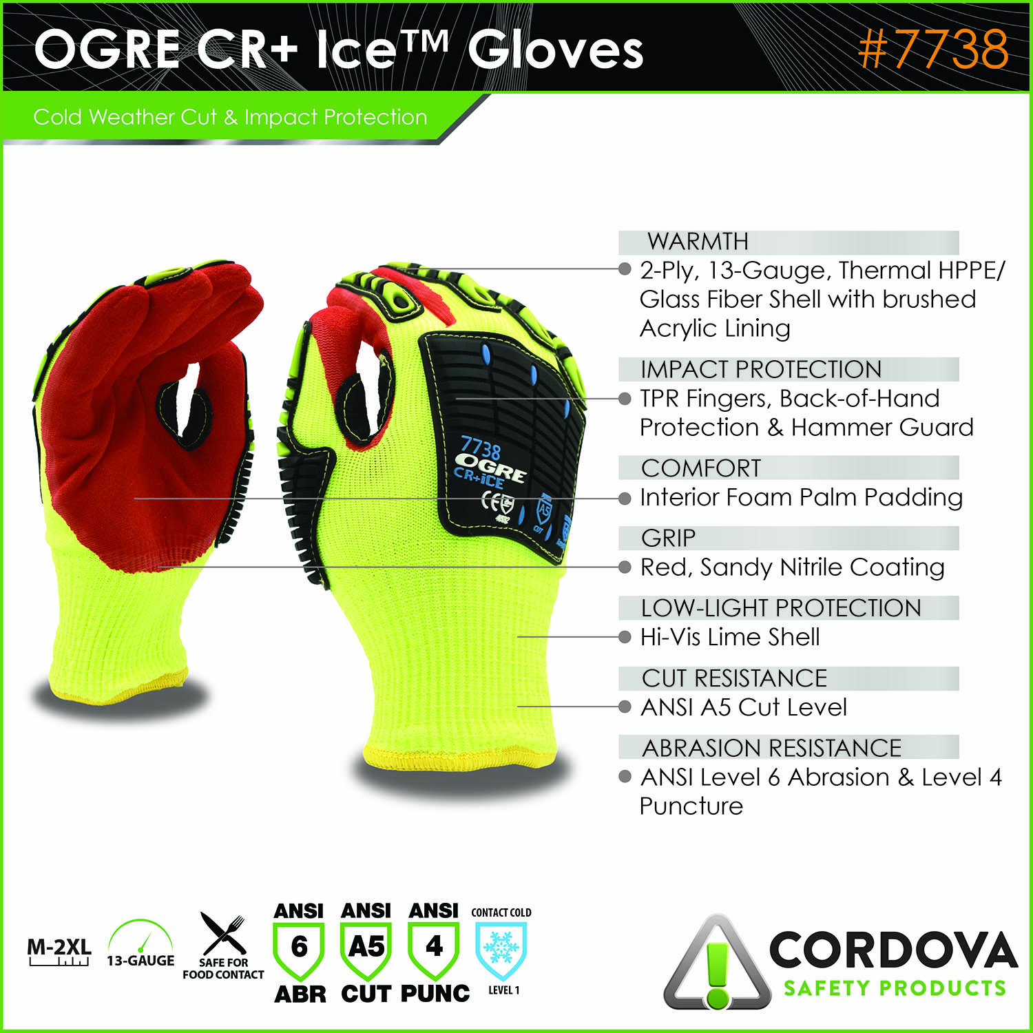 CORDOVA SAFETY PRODUCTS 7738XXL XXL Impact, OGRE® CR+Ice, Thermal, Acrylic Lined A5 Cut Level Gloves