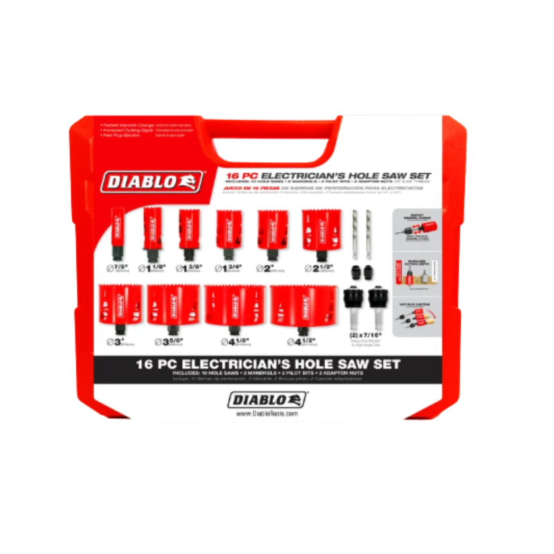 Diablo DHS16SEL 16-Piece High Speed Steel Pilot Bit & Hole Saw Set – Electricians Kit