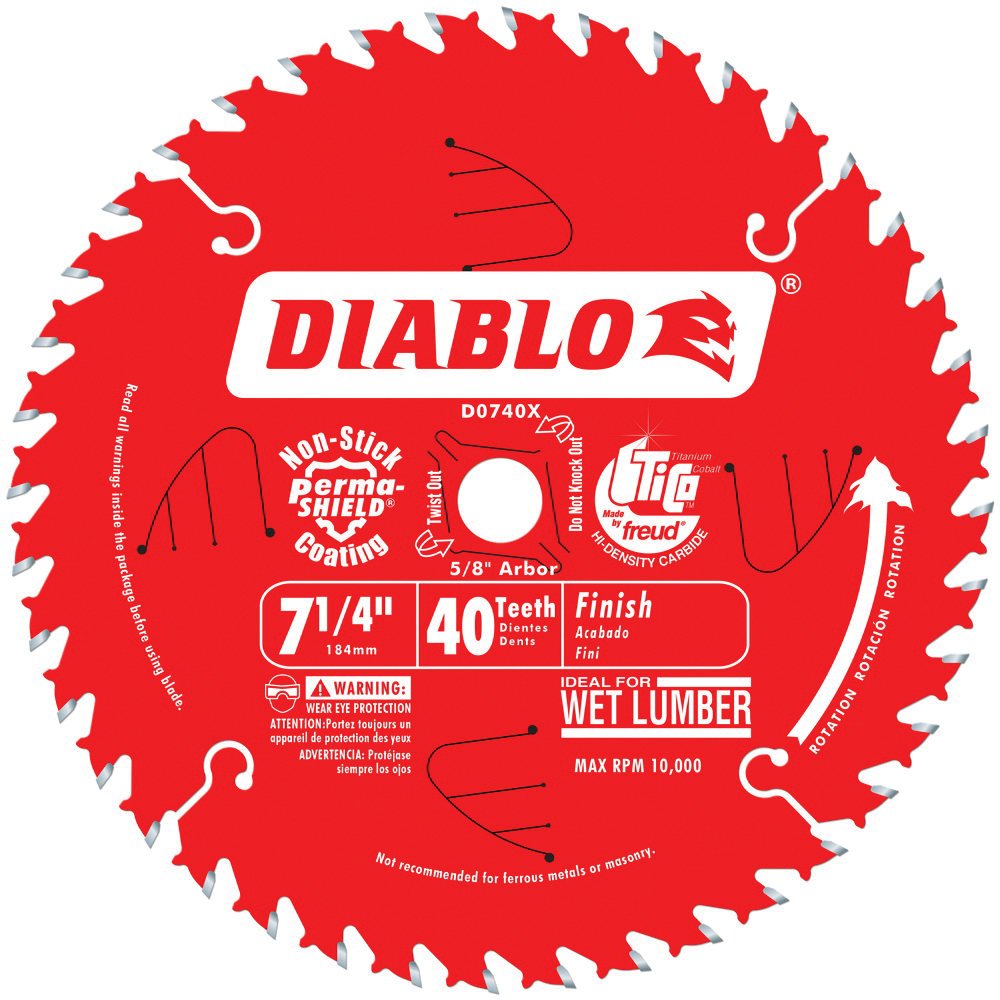 Diablo® D0740X Combination Diamond Knockout Laser Cut Circular Saw Blade, 7-1/4 in Dia x 0.04 in THK, 5/8 in Arbor, Carbide Blade, 40 Teeth