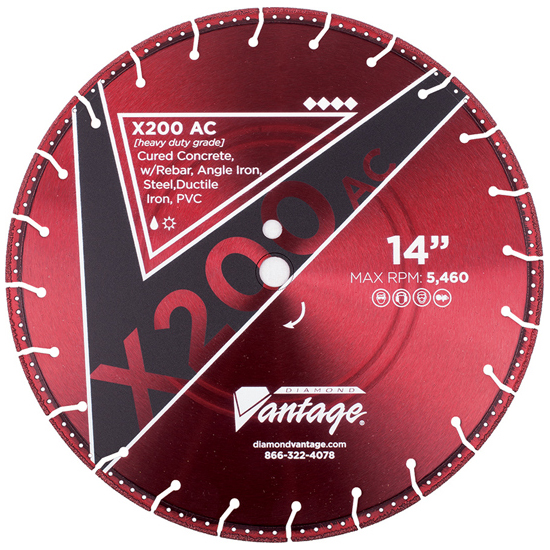 Diamond Vantage 1414BEDUX2-AC2 Masonry Saws, Diamond Saw Blade, Concrete, Ferrous Metals Materials Cut, 14 in Blade Dia.
