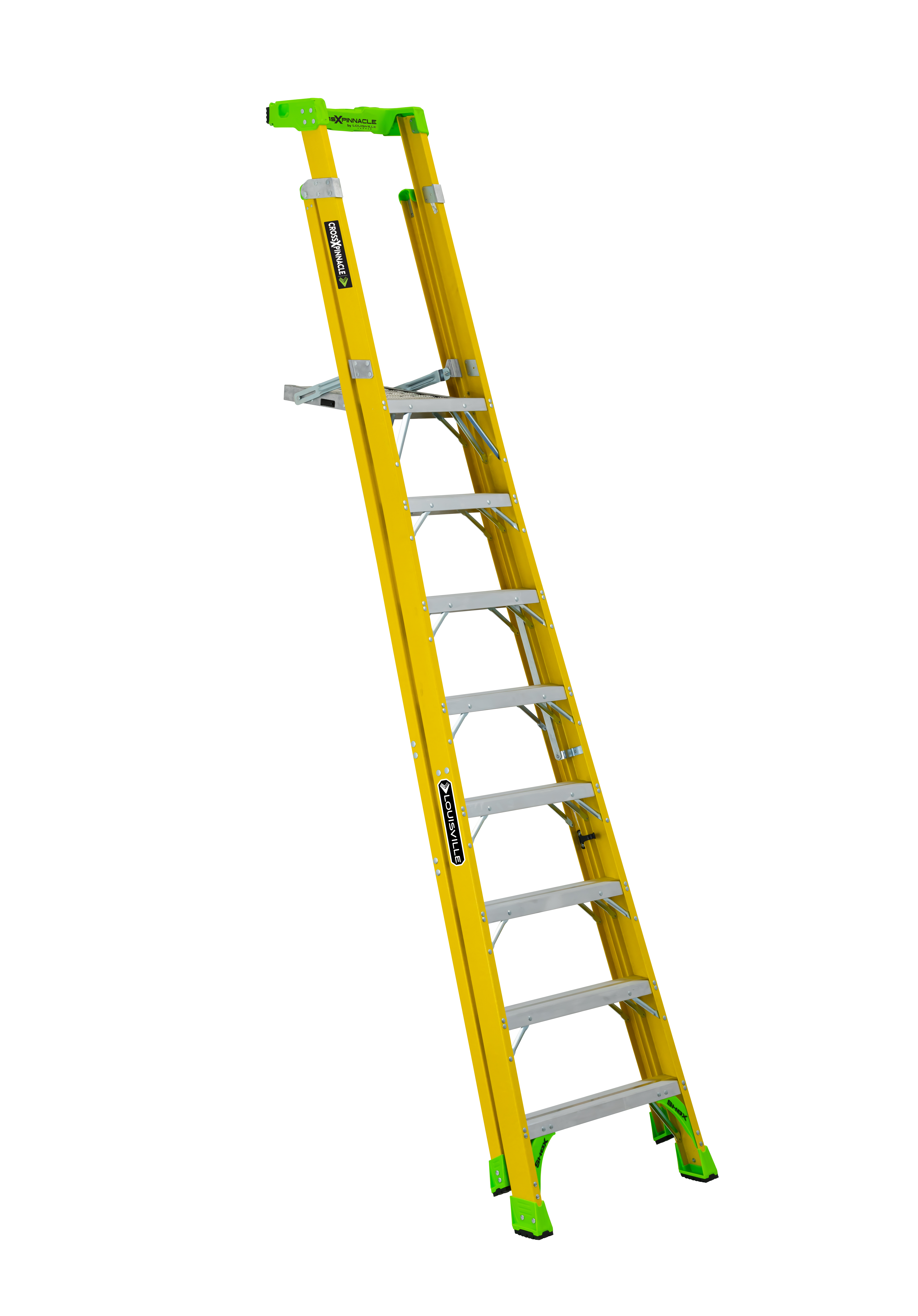 Louisville® FCP1408HD Cross Pinnacle Pro Platform and Leaning Step Ladder, 8 ft H Ladder, 375 lb Load, Fiberglass, ANSI Code: A14.5 Type IAA, 14-1/2 in W Platform
