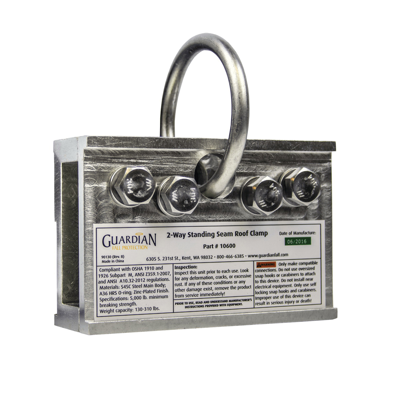 GUARDIAN FALL PROTECTION 10600 2-Way Universal Roof Clamp, For Use With Most Standing Seam Roofs, Specifications Met: ANSI Z359.1-2007/A10.32-12, OSHA 1926 Subpart M/1910