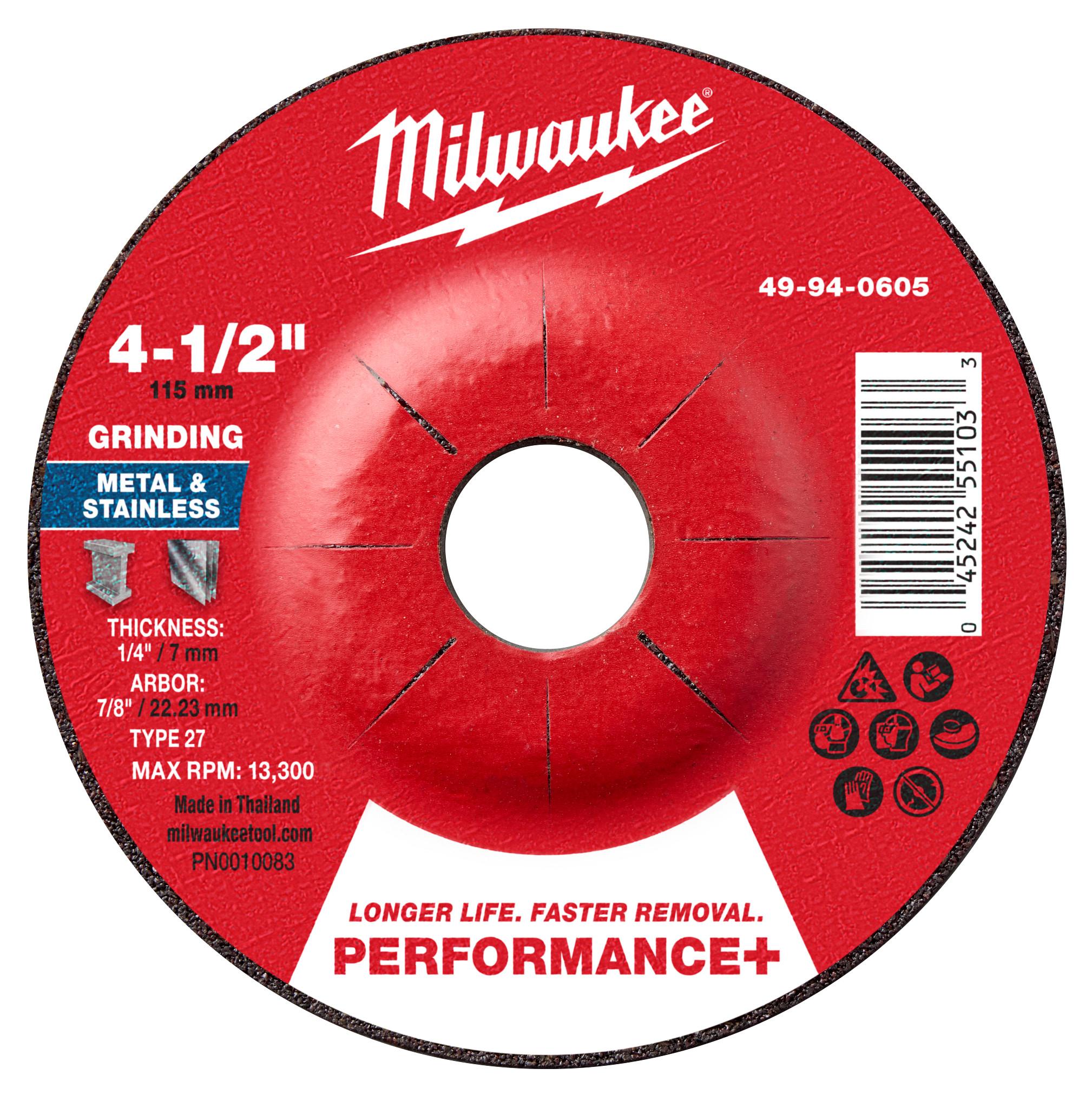 Milwaukee 4-1/2" x 1/4" x 7/8" Performance+ Metal Grinding Wheel Type 27