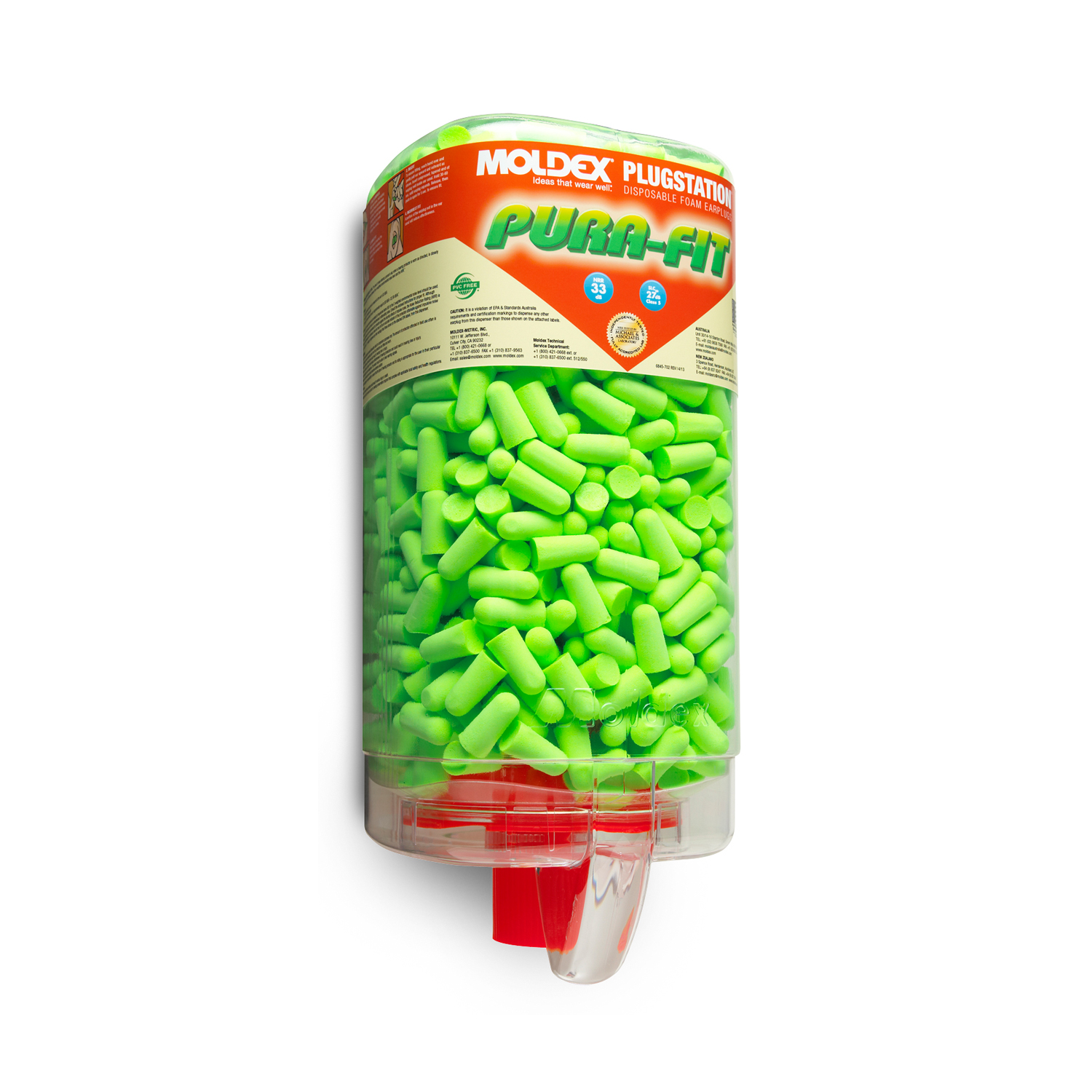 Moldex® 6845 Pura-Fit® PlugStation® Earplugs, 33 dB Noise Reduction, Tapered Shape, ANSI S3.19-1974, Disposable, Uncorded Design