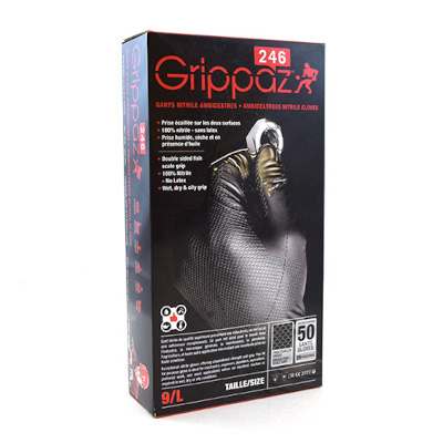 Grippaz Black Disposable Nitrile Gloves, 6 mil Thick, Powder-free, Powergrip Fishscale, Sizes M-XL, 50/Box