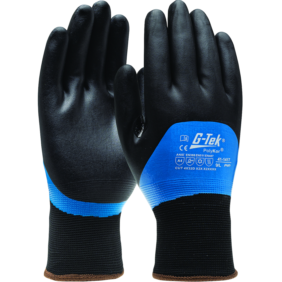 G-Tek® PolyKor® 41-1417 Insulated Gloves, Coated, Seamless Knit/Foam Grip Style, S, Nitrile Palm, Nitrile, Black/Blue/Brown, Knit Wrist Cuff, Nitrile Coating, Resists: Abrasion, Cut, Puncture and Tear, Acrylic/PolyKor® Lining