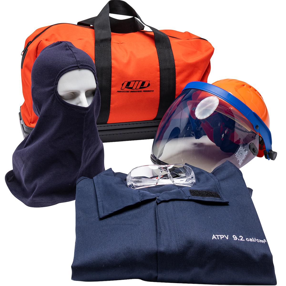 PIP® 9150-5388ET/4X Arc Flash Kit, Hazard Risk Category (HRC): 2, Hood/Face Shield Max Arc Flash Protection: 8 cal/sq-cm, Garment Max Arc Flash Protection: 8 cal/sq-cm, Specifications Met: NFPA 70E-2018, Arc Shield/Hard Hat Head/Face Protection, 4XL Garment
