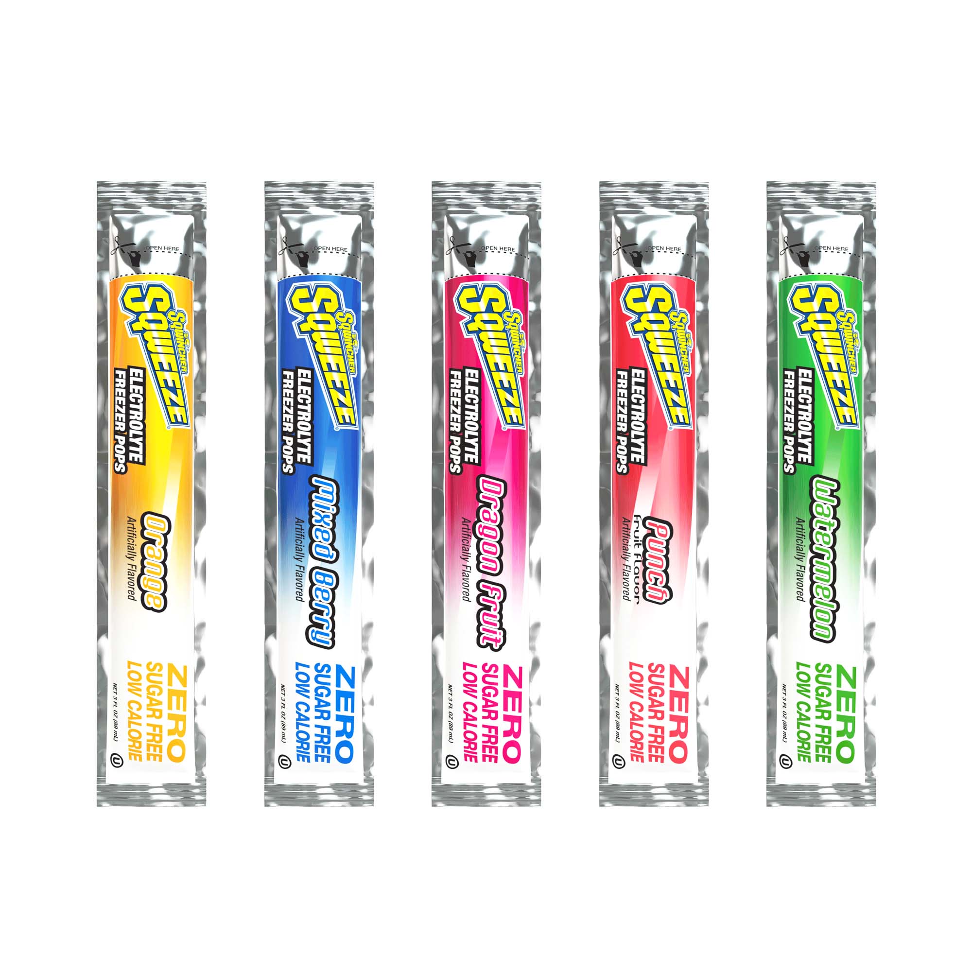 Sqwincher® 159200231 Assorted Freezer Pops, Freezer Pop, Sugar Free, Dragon Fruit/Fruit Punch/ Mixed Berry/Orange/ Watermelon, 10/PK