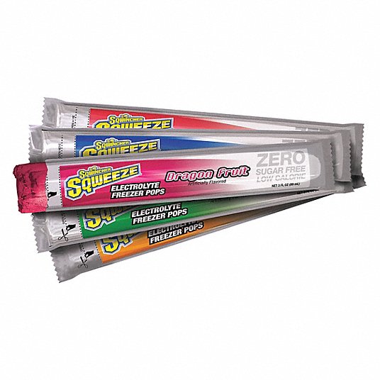 Sqwincher® 159200231 Assorted Freezer Pops, Freezer Pop, Sugar Free, Dragon Fruit/Fruit Punch/ Mixed Berry/Orange/ Watermelon, 10/PK