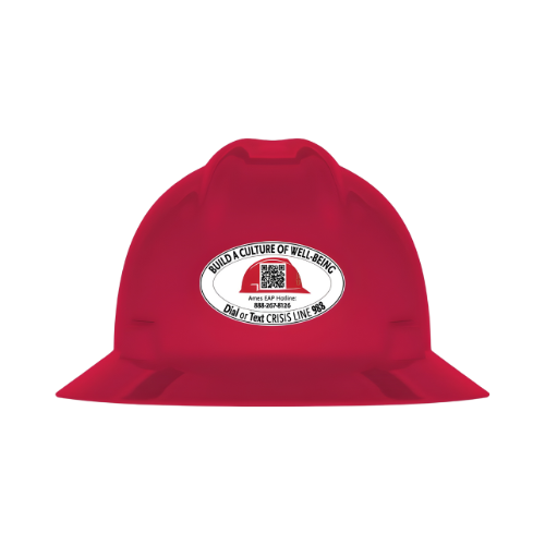 MSA 475371 AMES LOGO V-Gard Slotted Full-Brim Hat, Red, w/Fas-Trac III Suspension  454-475371-LOGO BL87976-FRONT, BL88081-BACK, BL7400-RT SIDE REF QUOTE 21526745-00