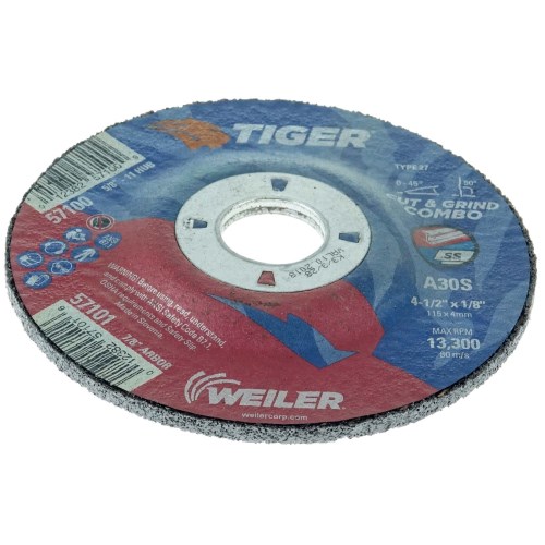 Weiler 57101 4-1/2" X 1/8" TIGER AO TYPE 27 CUT/GRIND COMBO WHEEL, A30S, 7/8" A.H.