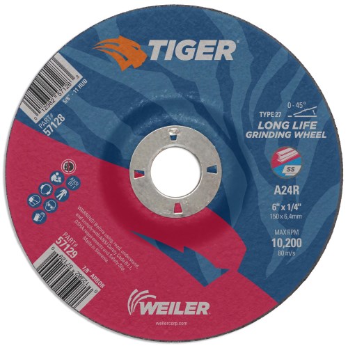 Weiler® 57129 6" X 1/4" TIGER AO Type T27 Grinding Wheel,  A24R 7/8" A.H., Pack of 10