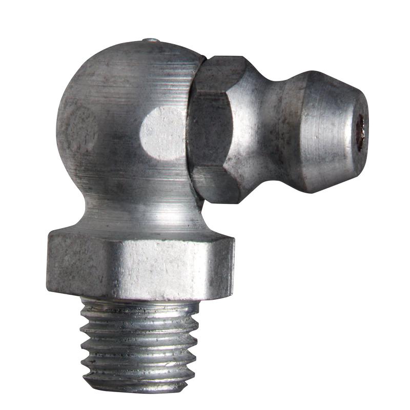 Alemite® 1637-B1 45 deg Thread Fitting, 1/4-28 Taper Thread, 13/16 in OAL, 13/64 in L Shank, Trivalent Zinc Plated