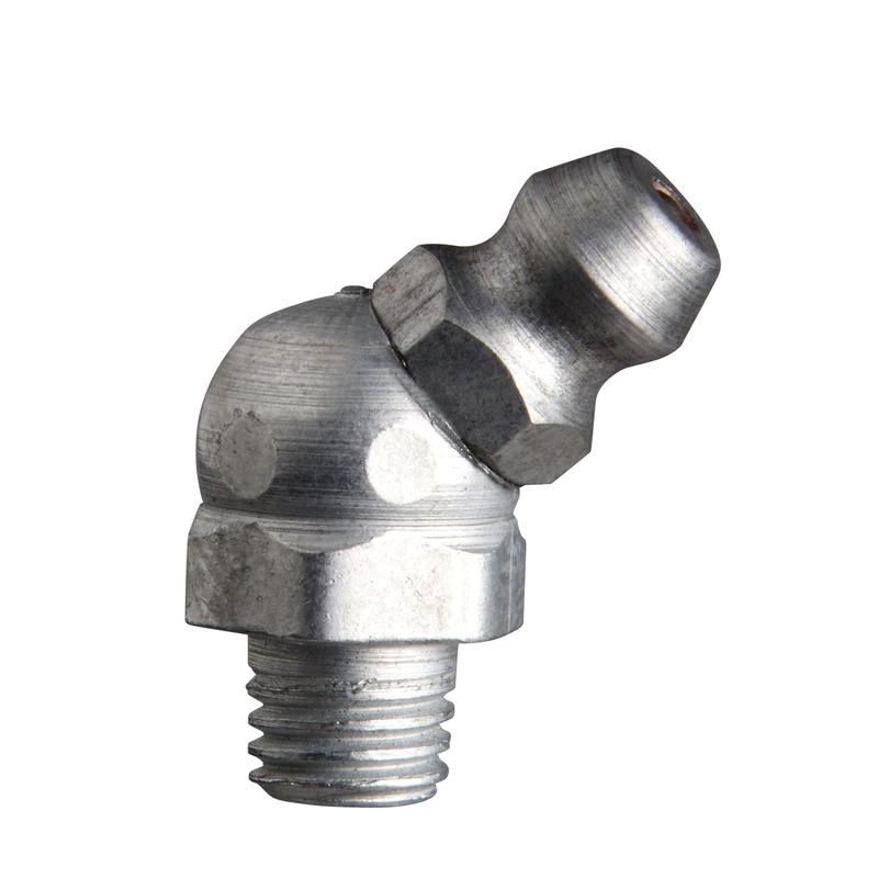 Alemite® 1637-B1 45 deg Thread Fitting, 1/4-28 Taper Thread, 13/16 in OAL, 13/64 in L Shank, Trivalent Zinc Plated