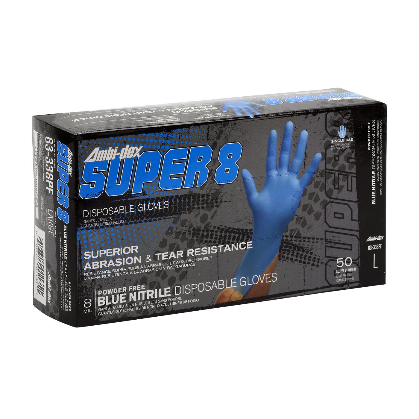 Ambi-dex® 63-338PF/XXL 63-338PF Disposable Gloves, 2XL, Blue, Powder-Free, Textured Grip, 8 mil THK, Application Type: Industrial Grade, Ambidextrous Hand