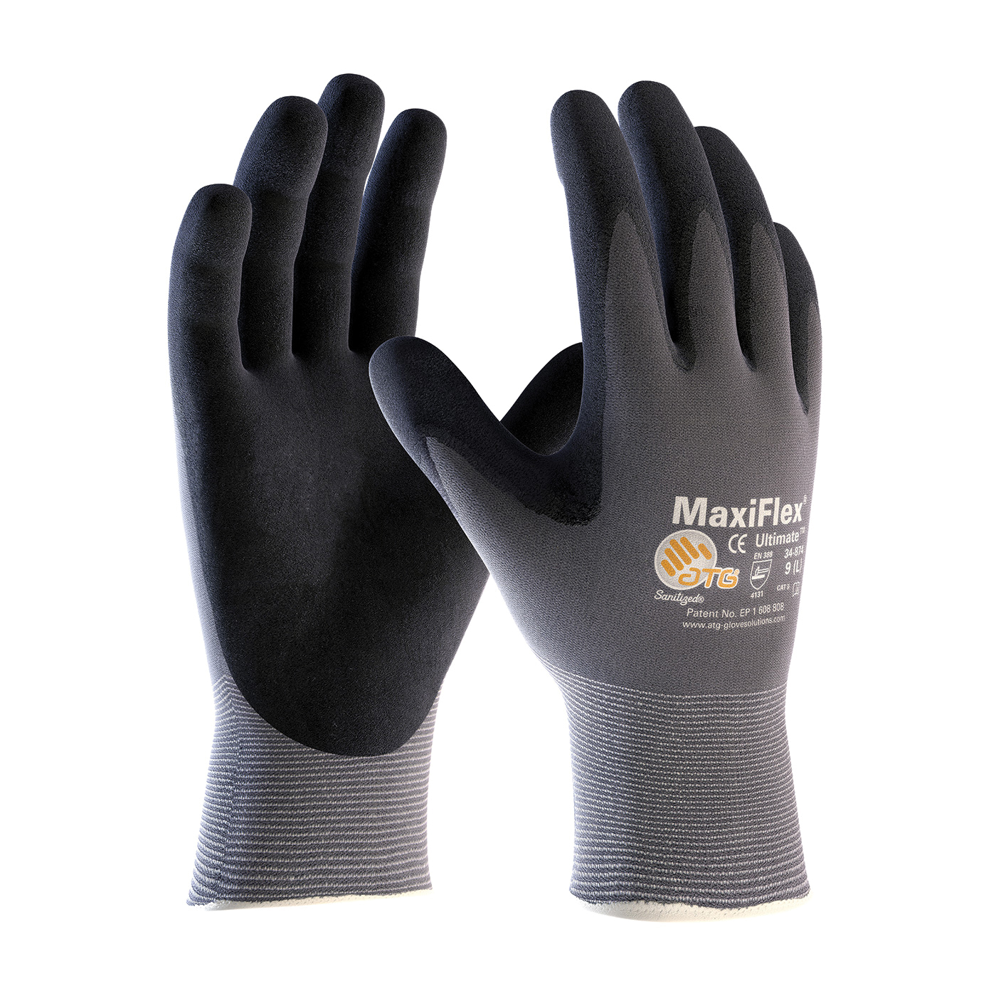 ATG® MaxiFlex® Ultimate™ 34-874/S General Purpose Gloves, Coated, S, Microfoam Nitrile Palm, 15 ga Nylon, Black/Gray, Continuous Knit Wrist Cuff, Microfoam Nitrile Coating, Resists: Abrasion, Cut, Puncture and Tear, Nylon/Lycra® Lining, Seamless Knit