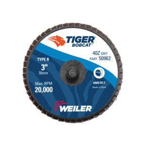 BobCat™ 50962 Type R Close Mini Standard Density Coated Abrasive Flap Disc, 3 in Dia Disc, 40 Grit, Coarse Grade, Zirconia Alumina Abrasive, Type 27 Flat Disc