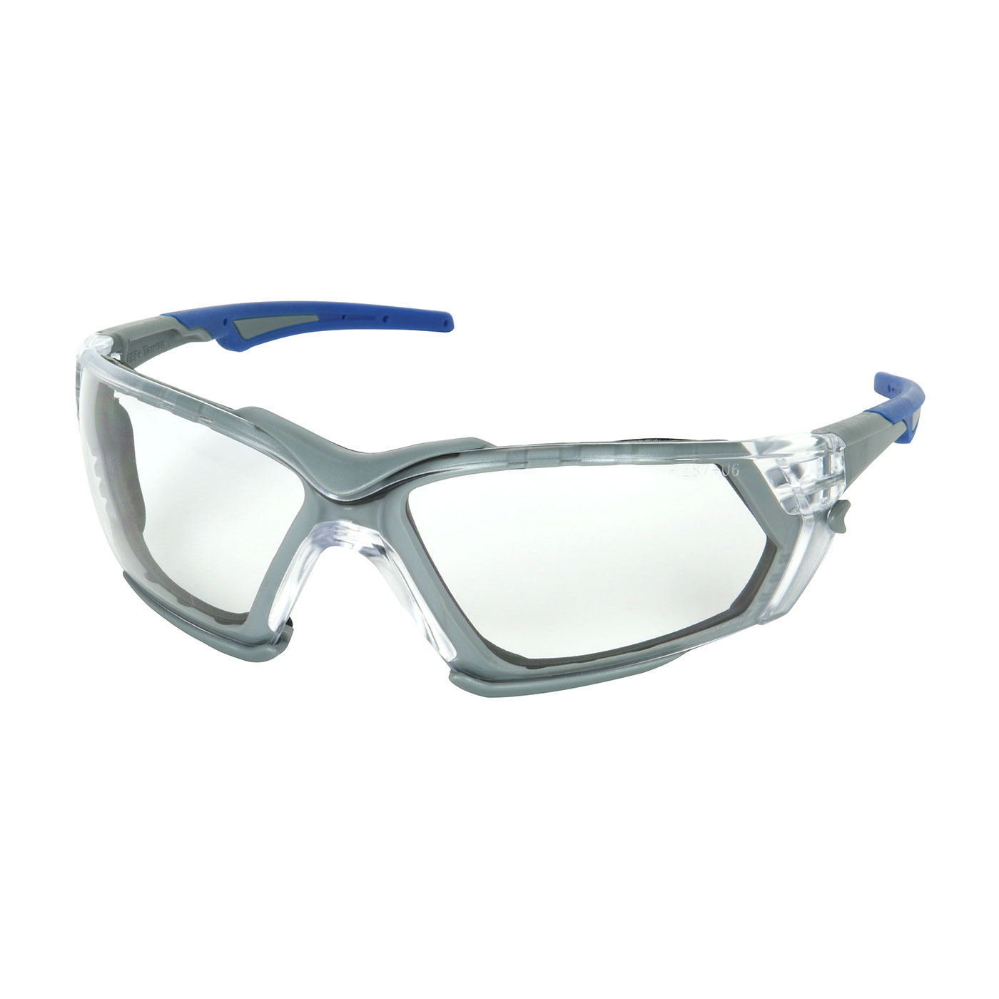 Bouton® 250-54-0020 Single Safety Glasses, Anti-Fog/Anti-Scratch/Foam Padding, Clear Lens, Frameless Frame, Blue/Gray, Polycarbonate/Foam Lined Frame, ANSI Z87.1-2015