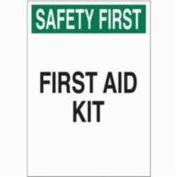 Brady® 41208 Rectangular First Aid Sign, SAFETY FIRST, 10 in H x 7 in W, Black/Green on White, B-555 Aluminum, Corner Hole/Surface Mount