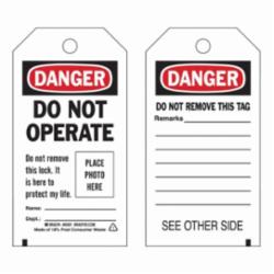 Brady® 65501 2-Sided Rectangular Self-Laminating Danger Tag, 5-3/4 in H 3 in W, Black/Red on White, 3/8 in Hole, B-851 Polyester