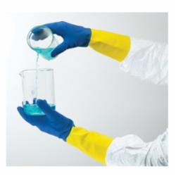 AlphaTec® 192247 87-224 Heavy Duty Chemical Resistant Gloves, SZ 10, Natural Rubber Latex, Blue/Yellow, Flock Lining, 13 in L, Resists: Abrasion, Acid, Chemical, Puncture and Tear, Unsupported Support, Pinked Cuff, 27 mil THK