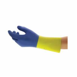 AlphaTec® 192247 87-224 Heavy Duty Chemical Resistant Gloves, SZ 10, Natural Rubber Latex, Blue/Yellow, Flock Lining, 13 in L, Resists: Abrasion, Acid, Chemical, Puncture and Tear, Unsupported Support, Pinked Cuff, 27 mil THK