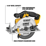 DeWALT® DCS391B Cordless Circular Saw, 6-1/2 in Dia Blade, 5/8 in Arbor/Shank, 20 VDC, 1-5/8 in at 45 deg, 2-1/4 in at 90 deg D Cutting, Lithium-Ion Battery, Left Blade Side