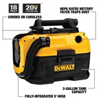 DeWALT® DCV581H Industrial Wet/Dry Vacuum, 8 A, 2 gal Tank, 18/20 VDC