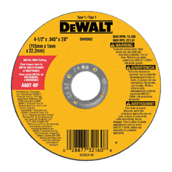 DeWALT® HP™ DW8062 Small Diameter Cut-Off Wheel, 4-1/2 in Dia x 0.045 in THK, 7/8 in Center Hole, 60 Grit, Aluminum Oxide Abrasive