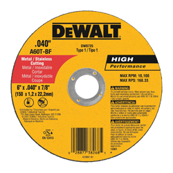 DeWALT® HP™ DW8725 HP Series Cut-Off Wheel, 6 in Dia x 0.04 in THK, 7/8 in Center Hole, A60T Grit, Aluminum Oxide Abrasive