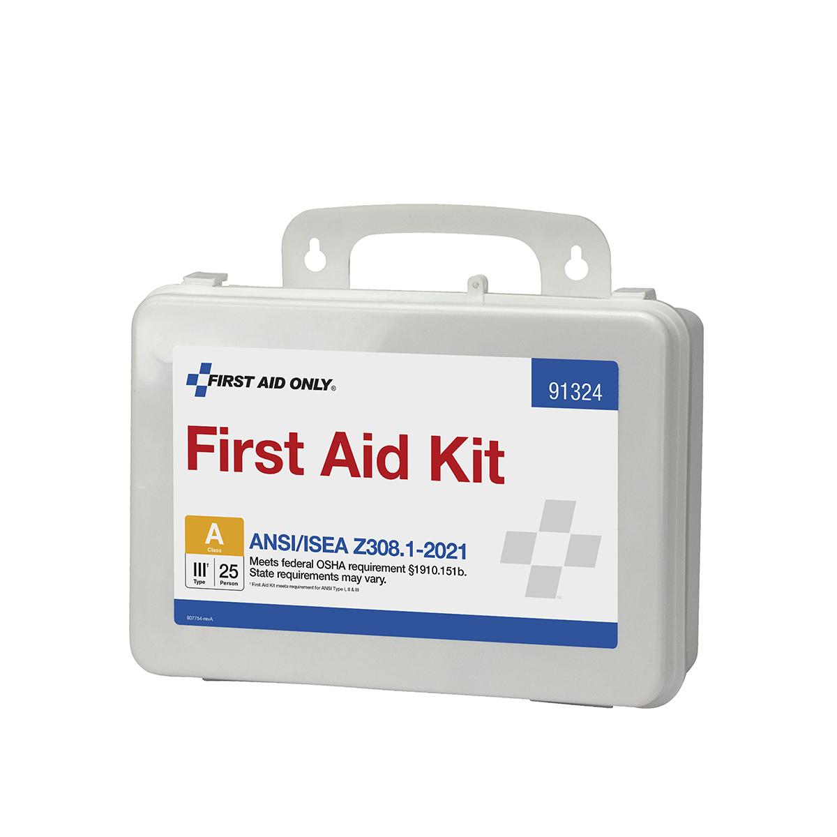 First Aid Only® 91324 Type III First Aid Kit, Wall Mounting, 94 Components, Plastic Case, 7 in H x 10 in W x 3 in D