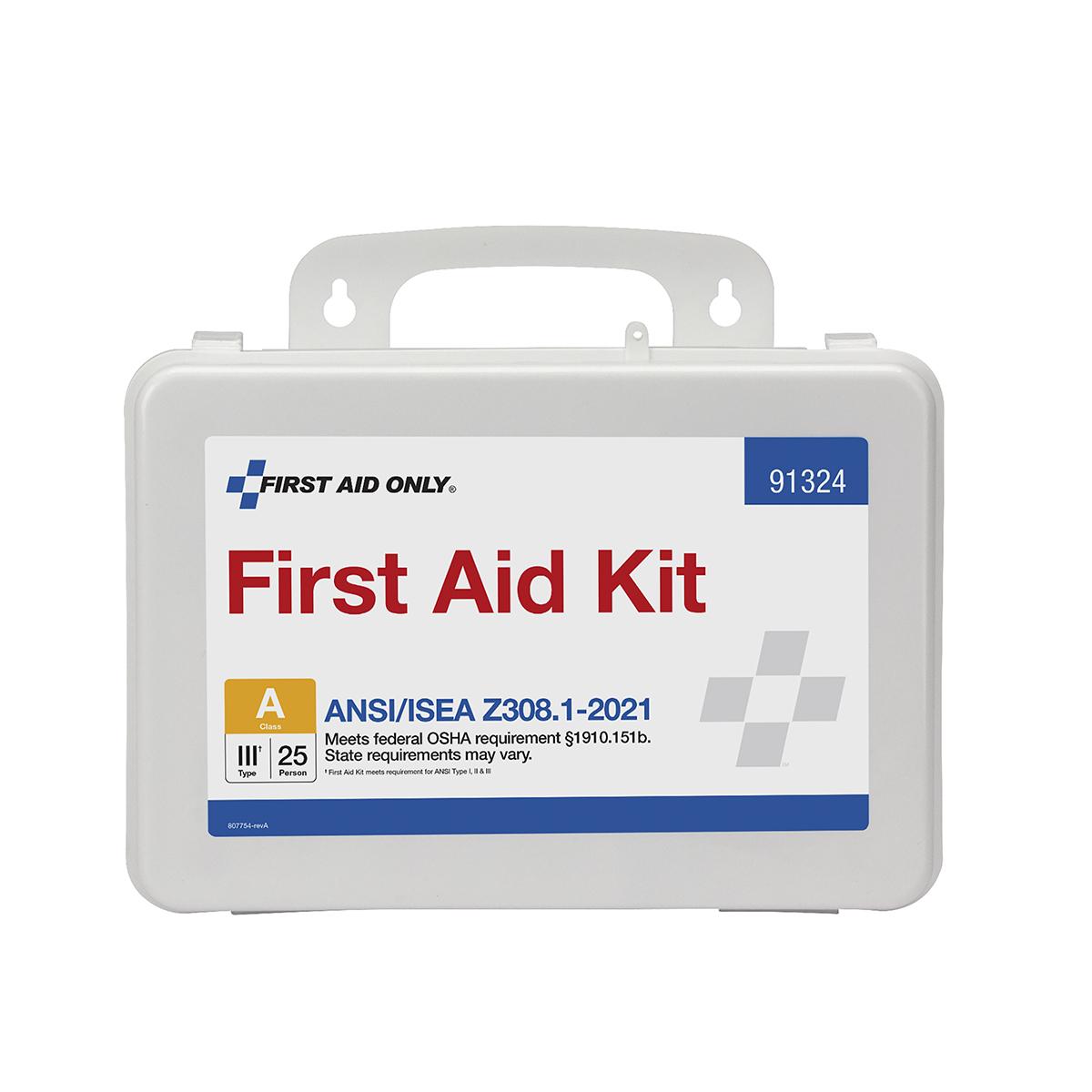 First Aid Only® 91324 Type III First Aid Kit, Wall Mounting, 94 Components, Plastic Case, 7 in H x 10 in W x 3 in D