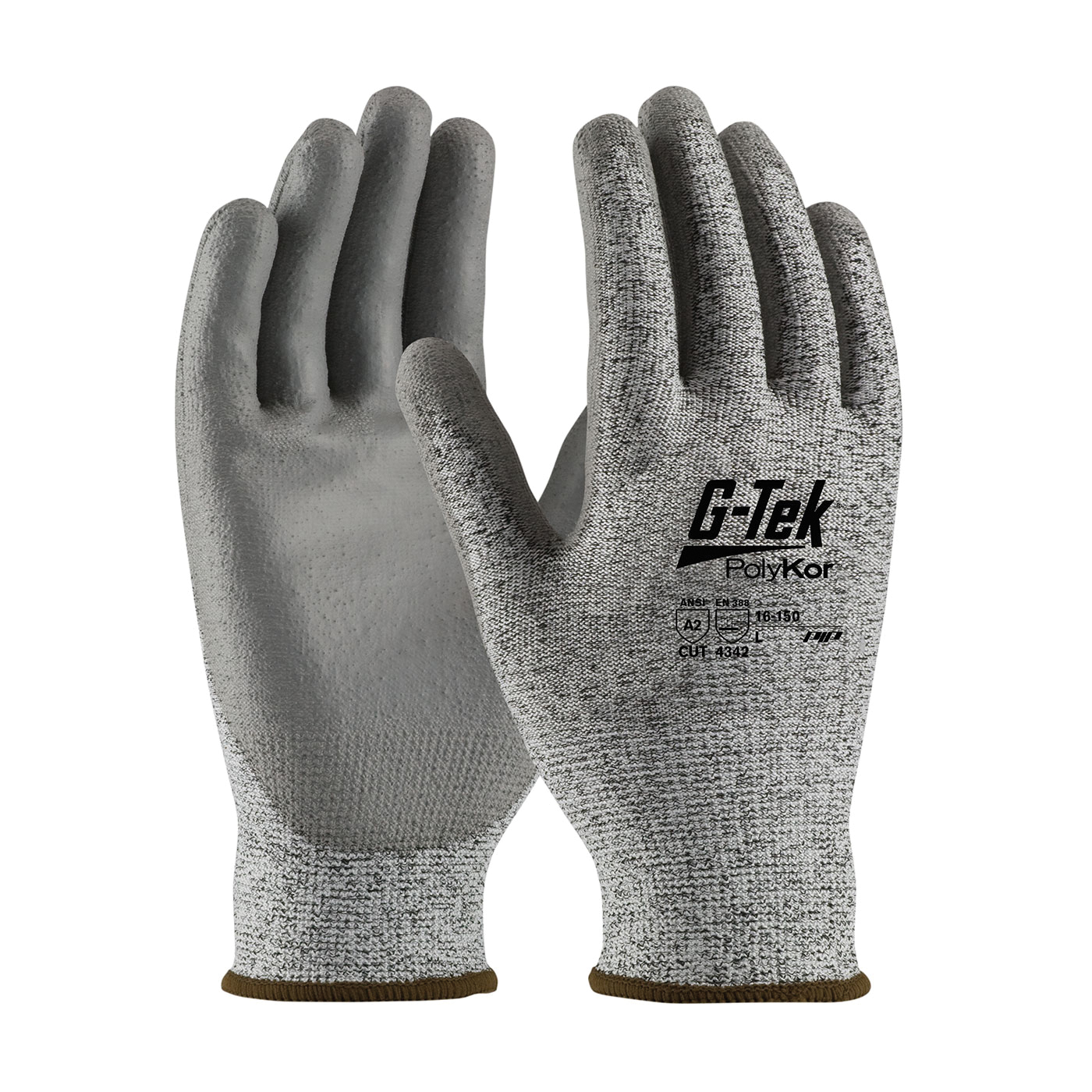 G-Tek® 16-150/L Unisex Cut Resistant Gloves, L, Polyurethane Coating, PolyKor™, Continuous Knit Wrist Cuff, Resists: Abrasion, Chemical, Cut, Puncture, Tear, UV and Water, ANSI Cut-Resistance Level: A2