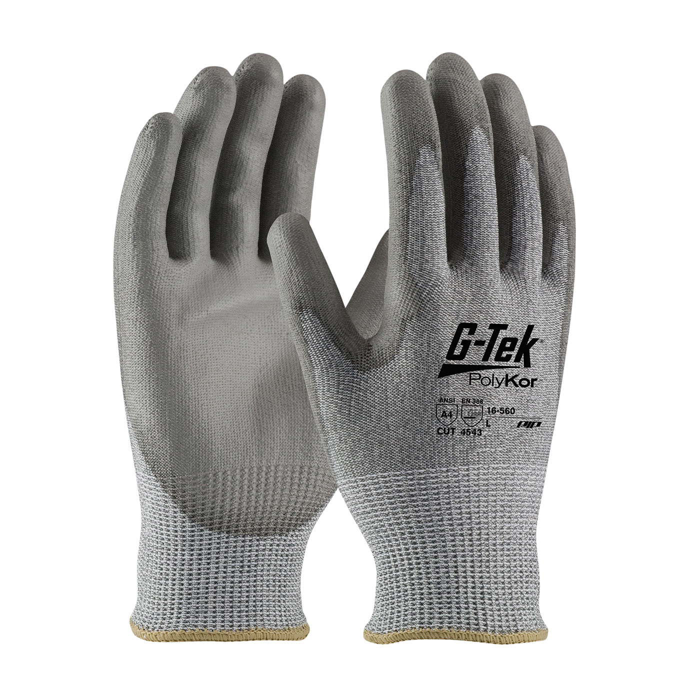 G-Tek® 16-560/M Unisex Cut Resistant Gloves, M, Polyurethane with Smooth Grip Coating, PolyKor™ Fiber, Knit Wrist Cuff, Resists: Abrasion, Chemical, Cut, Puncture, Tear, Ultraviolet Light and Water, ANSI Cut-Resistance Level: A4