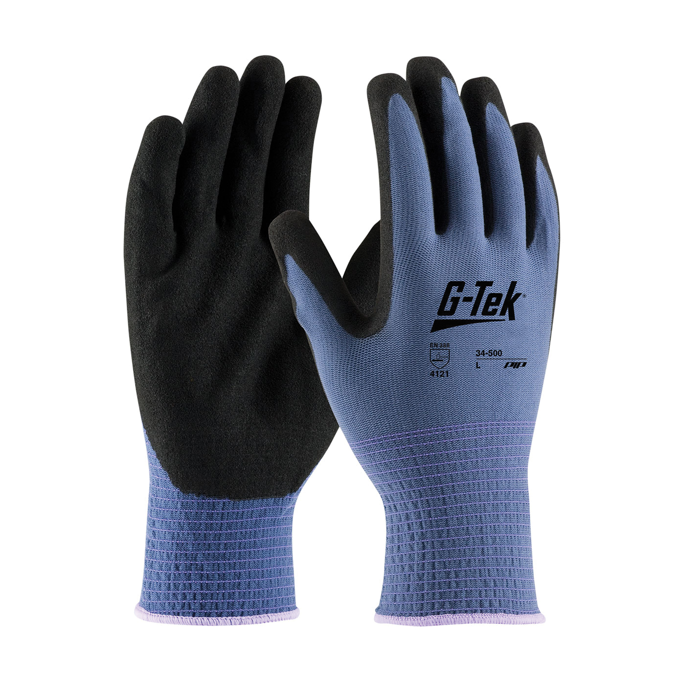 G-Tek® GP™ 34-500/S General Purpose Gloves, Coated, S, Nitrile Palm, Nylon, Black/Blue, Knit Wrist Cuff, Nitrile Coating, Resists: Abrasion, Cut, Puncture and Tear, Nylon Lining, Seamless Knit