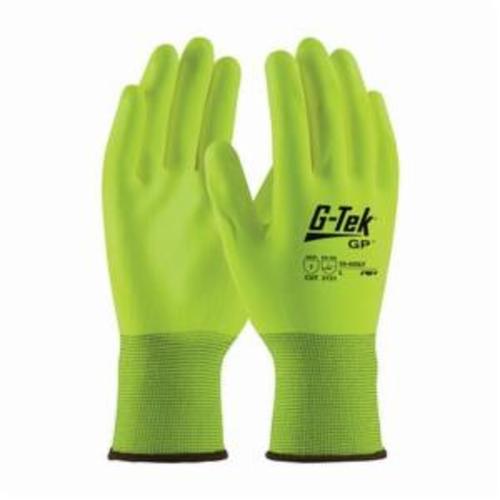 G-Tek® GP™ 33-425LY General Purpose Gloves, Coated/Work, Polyurethane Palm, 13 ga Polyester, Hi-Viz Yellow, Continuous Knit Wrist Cuff, Polyurethane Coating, Resists: Abrasion, Cut, Puncture and Tear, Polyester Lining, Seamless Knit