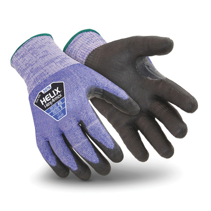 HexArmor® 2076 Helix® 2076 Cut-Resistant Gloves, Polyurethane Coating, 13 ga HPPE/Fiberglass/Steel, Knit Wrist Cuff, Resists: Abrasion, Cut and Puncture, ANSI Cut-Resistance Level: A5, ANSI Puncture-Resistance Level: 2