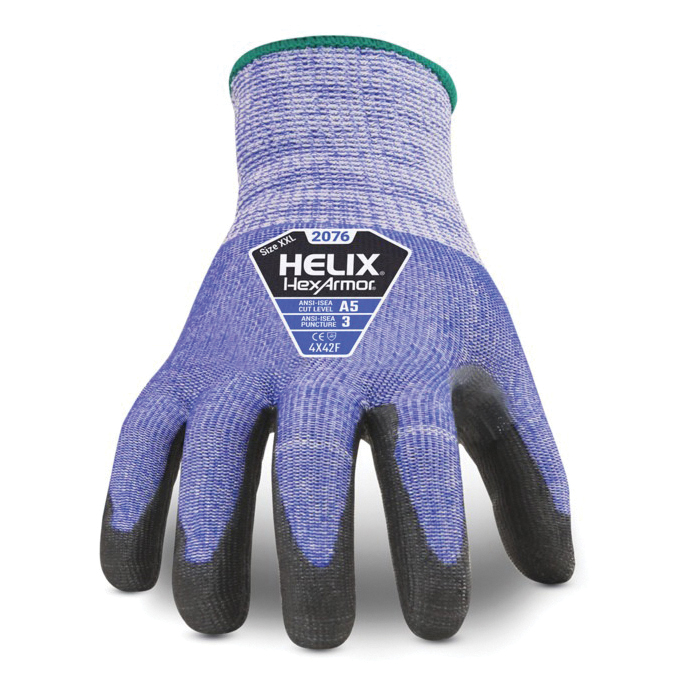 HexArmor® 2076 Helix® 2076 Cut-Resistant Gloves, Polyurethane Coating, 13 ga HPPE/Fiberglass/Steel, Knit Wrist Cuff, Resists: Abrasion, Cut and Puncture, ANSI Cut-Resistance Level: A5, ANSI Puncture-Resistance Level: 2