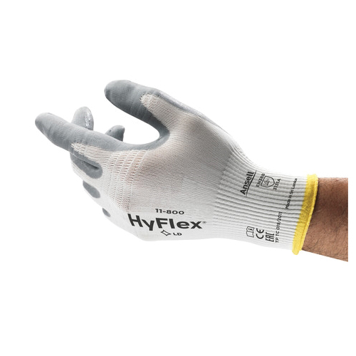 HyFlex® 11-800 Light Duty General Purpose Gloves, Coated/Multi-Purpose, Foam Nitrile Palm, Nylon Knit Shell, Gray/White, Knit Wrist Cuff, Foam Nitrile Coating, Resists: Abrasion and Puncture, 15 ga Nylon Lining, Open Back