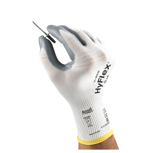 HyFlex® 11-800 Light Duty General Purpose Gloves, Coated/Multi-Purpose, Foam Nitrile Palm, Nylon Knit Shell, Gray/White, Knit Wrist Cuff, Foam Nitrile Coating, Resists: Abrasion and Puncture, 15 ga Nylon Lining, Open Back