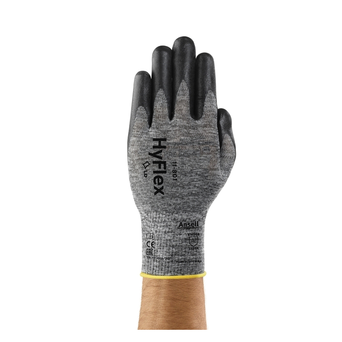HyFlex® 11-801 Light Duty General Purpose Gloves, Coated/Multi-Purpose, Foam Nitrile Palm, Black/Gray, Knit Wrist Cuff, Foam Nitrile Coating, Resists: Abrasion, 15 ga Nylon Lining, Full Finger/Full Thumb