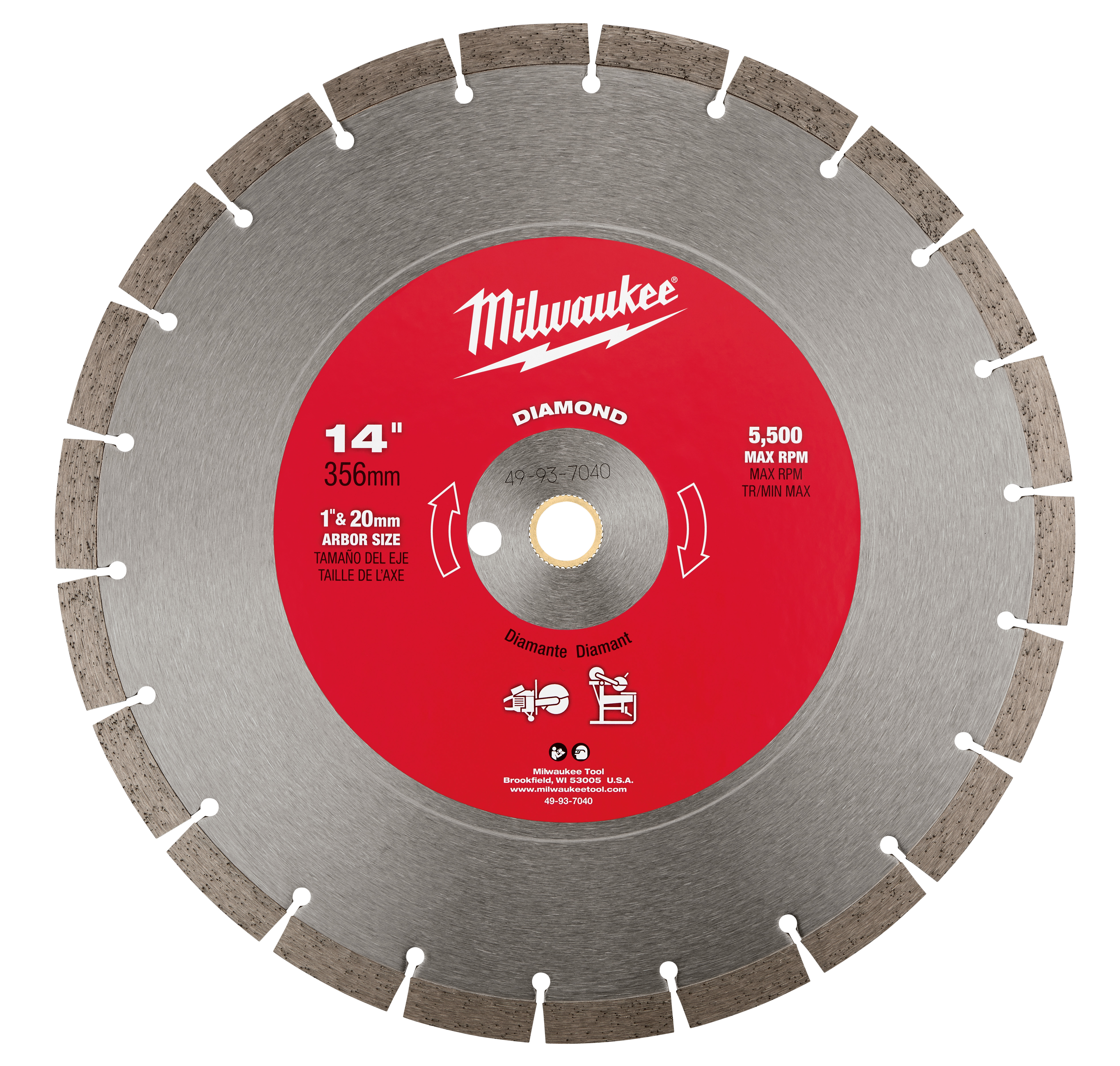Milwaukee® 49-93-7040 Premium Segmented Circular Diamond Saw Blade, 14 in Dia Blade, 1 in, 20 mm Arbor/Shank, Wet/Dry Cutting