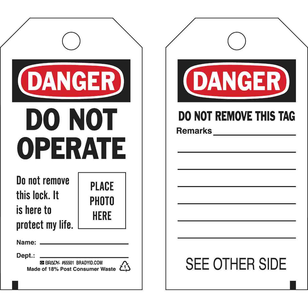 Brady® 65501 2-Sided Rectangular Self-Laminating Danger Tag, 5-3/4 in H 3 in W, Black/Red on White, 3/8 in Hole, B-851 Polyester