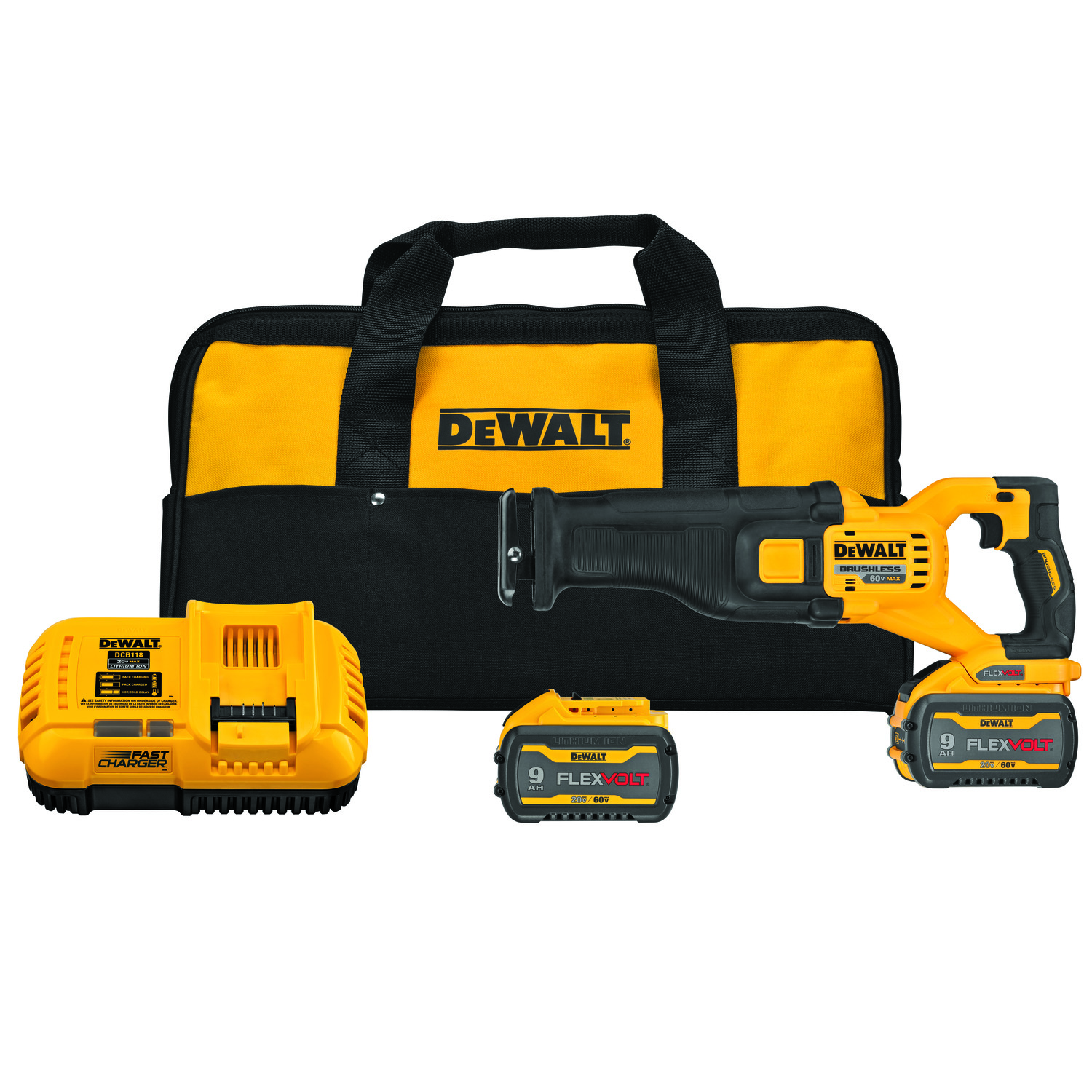 DeWALT® DCS389X2 Brushless Cordless Reciprocating Saw Kit, 1-1/8 in L Stroke, 0 to 3000 spm, 60 VDC, 17.725 in OAL, Straight Stroke