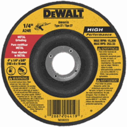 DeWALT® High Performance™ DW4514 Bonded Depressed Center Wheel, 4-1/2 in Dia x 1/4 in THK, 7/8 in Center Hole, A24R Grit, Aluminum Oxide Abrasive