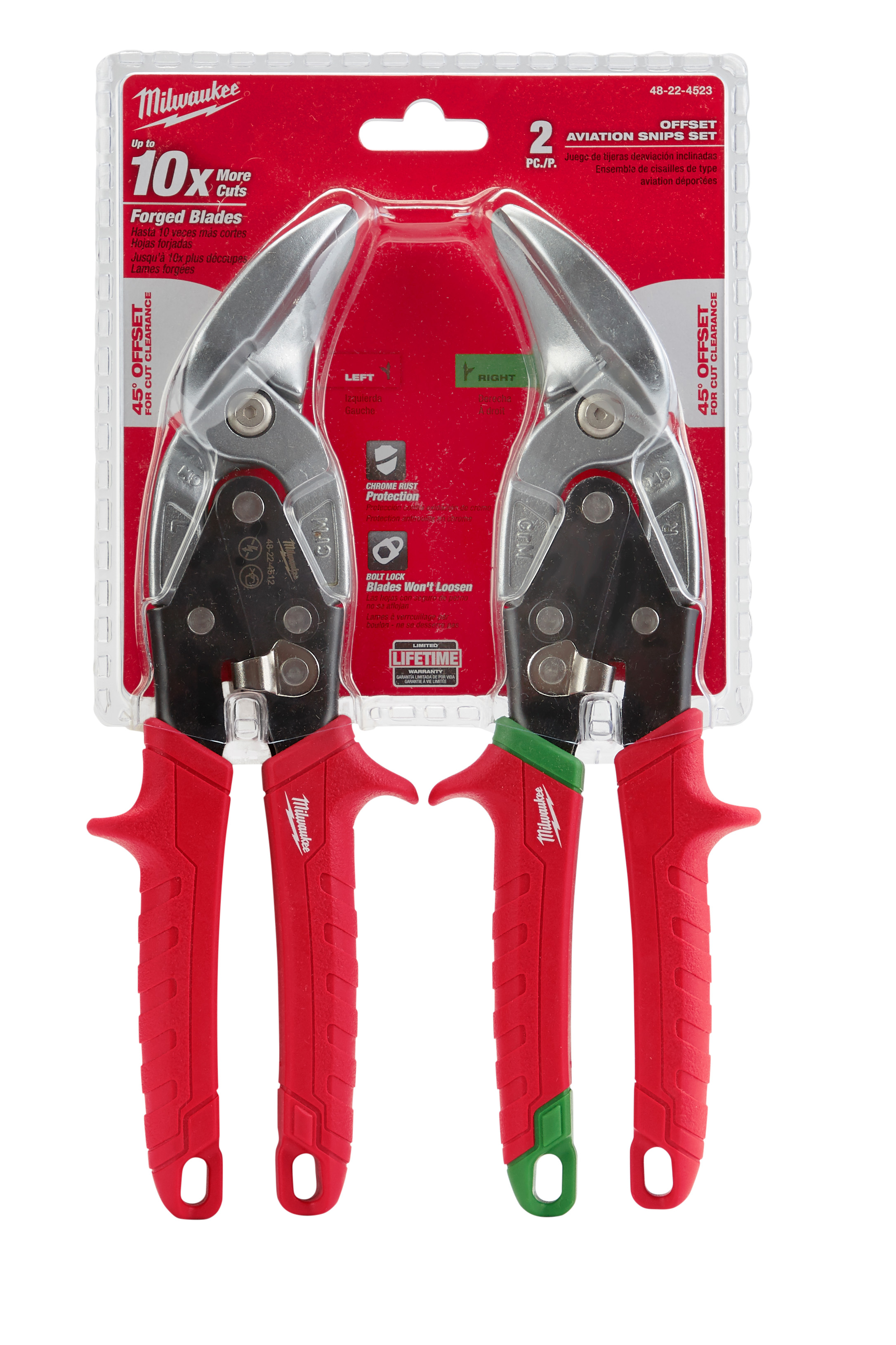 Milwaukee® 48-22-4523 2-Piece Aviation Snip Set, 18 ga Cold Rolled Steel/22 ga Stainless Steel Cutting, 5 in L of Cut, Offset Snip, Steel Blade